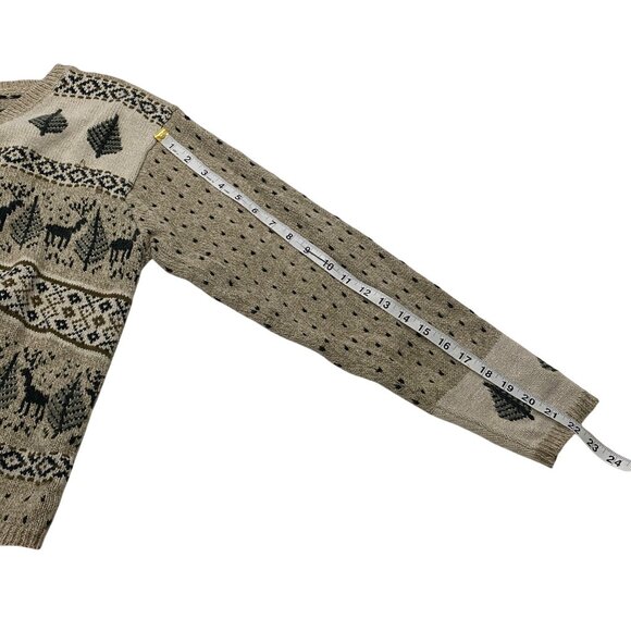 Woolrich vintage Small V-Neck Sweater novelty outdoor Deer & Tree Pattern Ramie - Picture 9 of 9